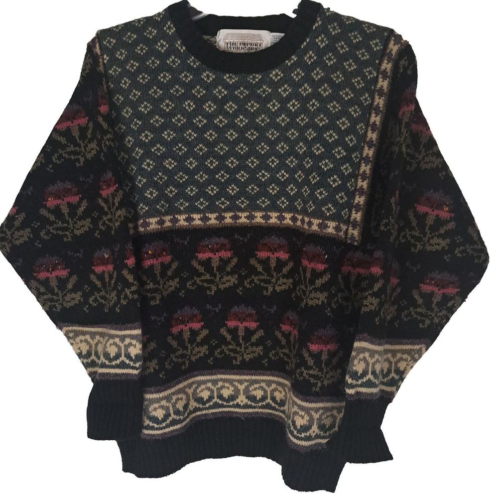 VTG 80s The Import Workshop Wool Blend Tulip Flower Sweater Small Grandmacore